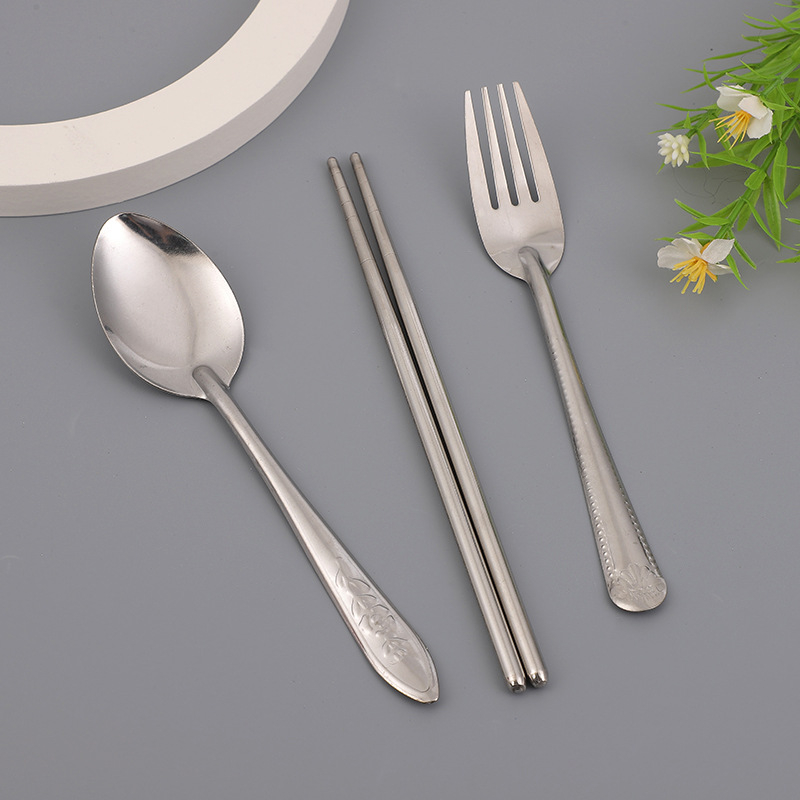 Set din oțel inoxidabil pentru copii, 3 piese: lingură, furculiță și bețișoare, model cu flori, stil modern minimalist