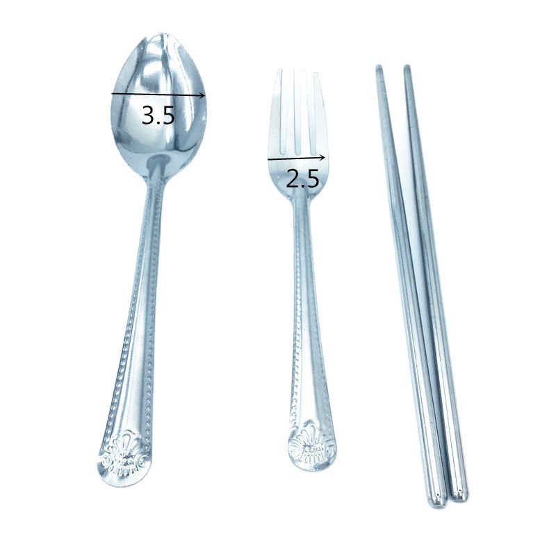 Set din oțel inoxidabil pentru copii, 3 piese: lingură, furculiță și bețișoare, model cu flori, stil modern minimalist