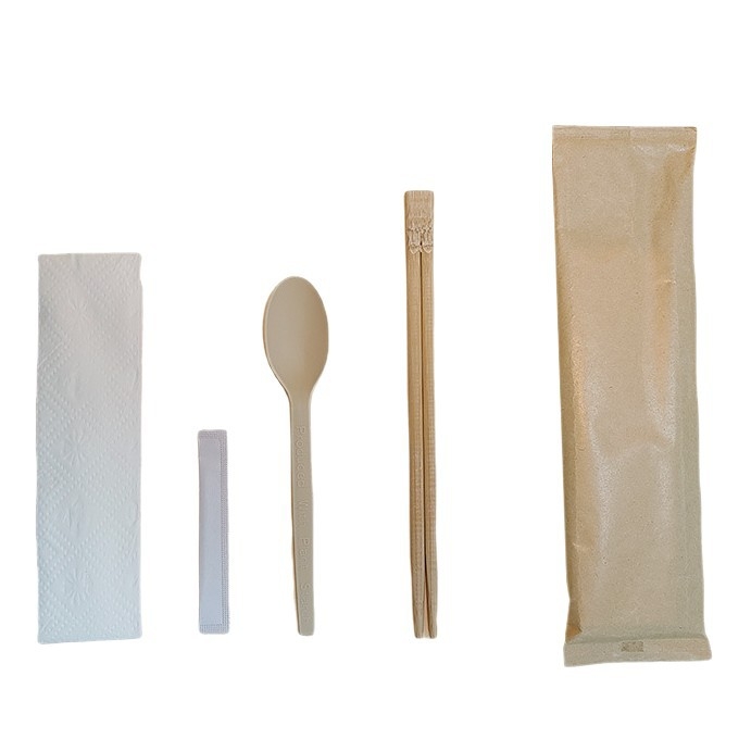 Linguri biodegradabile din amidon de porumb și bețișoare, veselă chinezească, set de patru piese, tacâmuri de unică folosință pentru take-away
