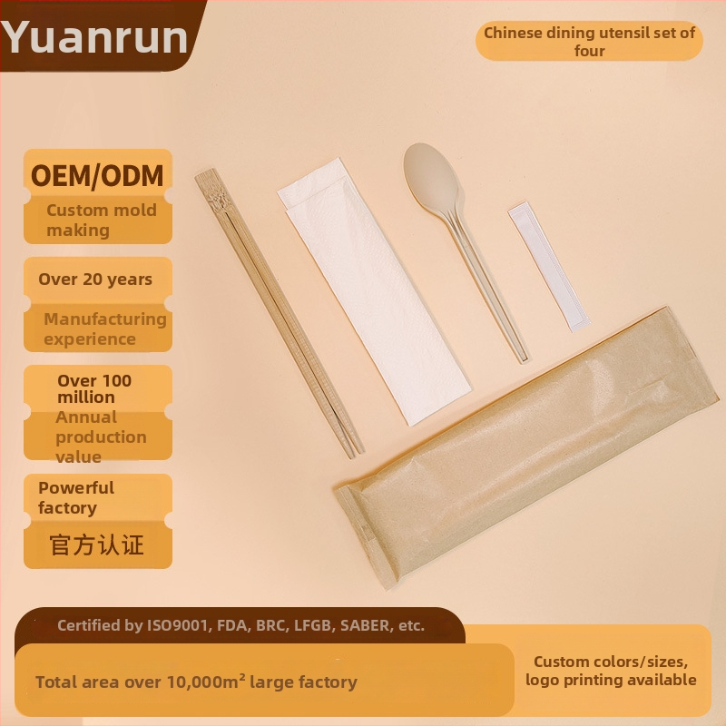 Linguri biodegradabile din amidon de porumb și bețișoare, veselă chinezească, set de patru piese, tacâmuri de unică folosință pentru take-away