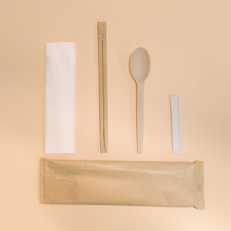 Linguri biodegradabile din amidon de porumb și bețișoare, veselă chinezească, set de patru piese, tacâmuri de unică folosință pentru take-away