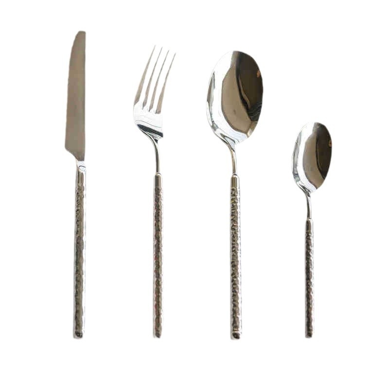 Set tacâmuri occidentale, 3 piese (cuțit, furculiță, lingură), cu model ciocănit și motiv diamant rotund, din oțel inoxidabil 304, pentru uz casnic sau hotel/restaurante