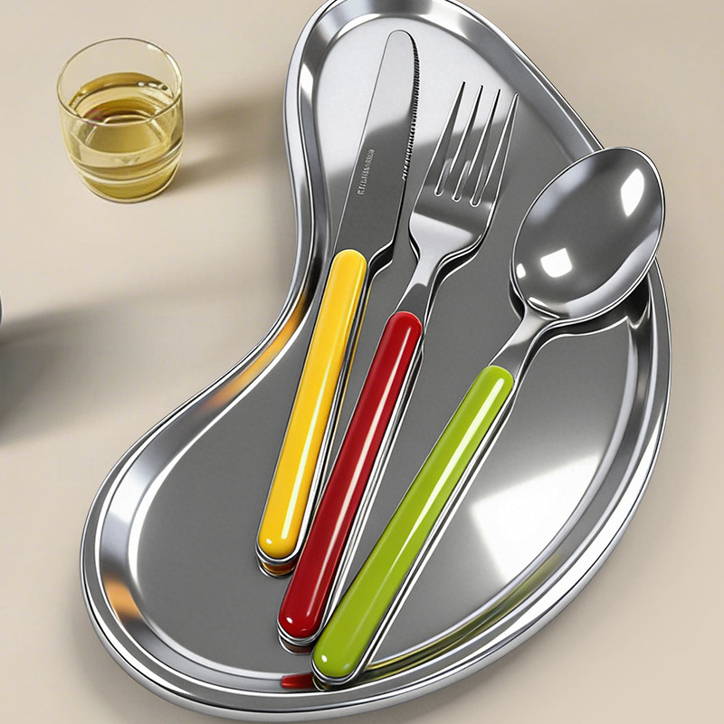 Set tacâmuri din oțel inoxidabil 304, cu mâner clip, stil occidental: cuțit, furculiță și lingură (cuțit pentru friptură, furculiță de desert)