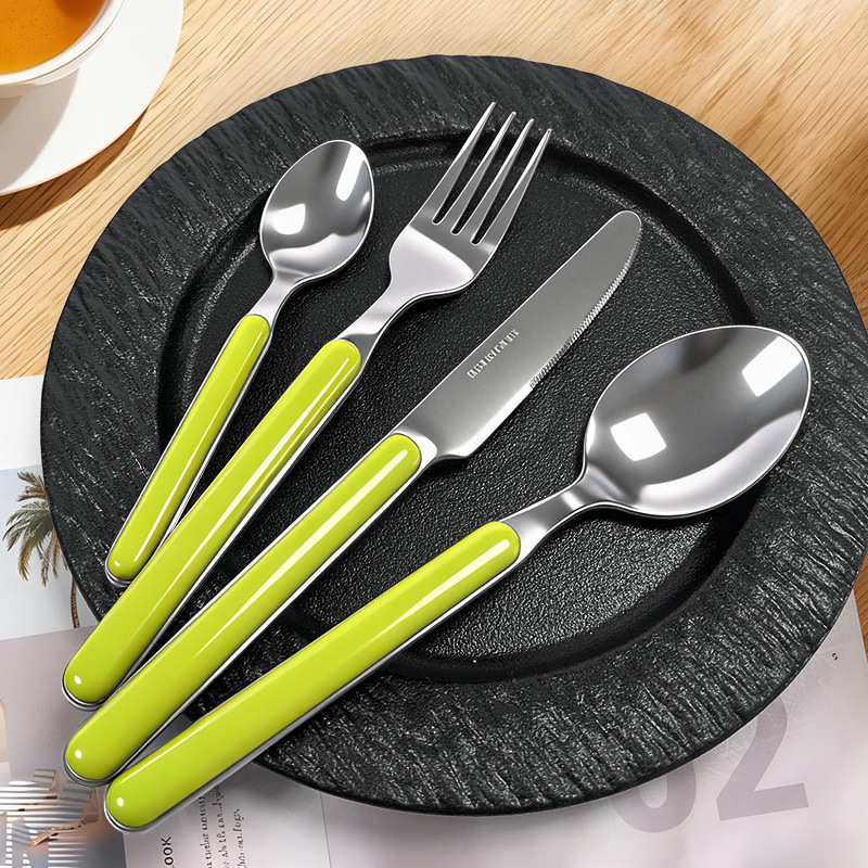 Set tacâmuri din oțel inoxidabil 304, cu mâner clip, stil occidental: cuțit, furculiță și lingură (cuțit pentru friptură, furculiță de desert)