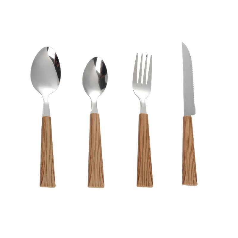 Set din oțel inoxidabil: cuțit pentru steak, furculiță și două linguri cu mânere pătrate, imitatie lemn