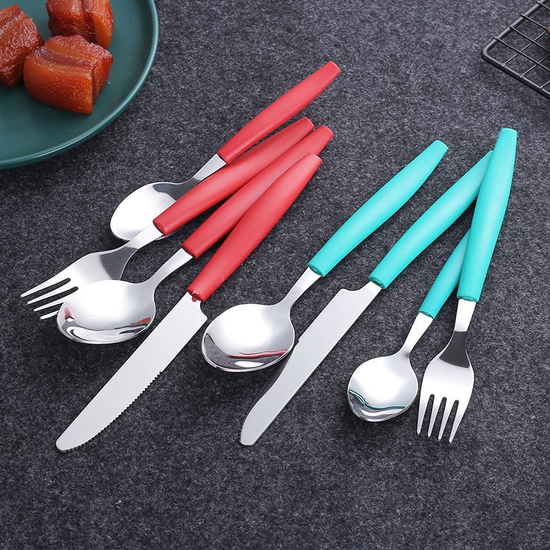 Set tacâmuri din oțel inoxidabil, stil occidental, 24 piese, cuțite, furci și linguri pentru desert, mâner cu vârf înclinat, personalizabil