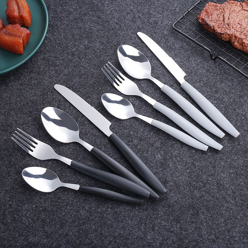Set tacâmuri din oțel inoxidabil, stil occidental, 24 piese, cuțite, furci și linguri pentru desert, mâner cu vârf înclinat, personalizabil