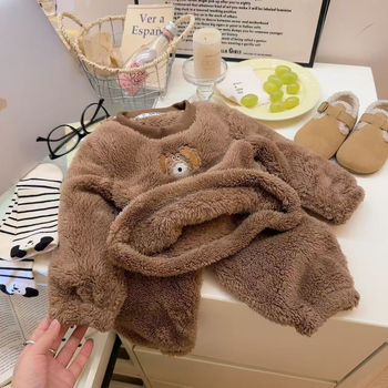 Gyerekeknek szóló meleg pizsama szett fleece-béléssel, ősz–téli otthoni viselet, uniszex, két részes