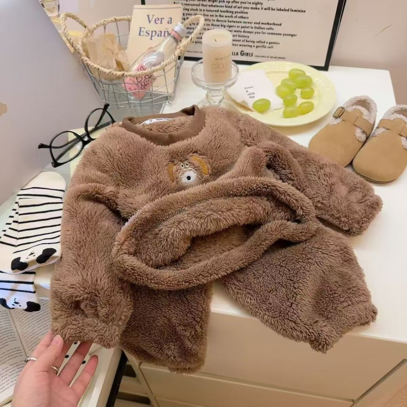 Gyerekeknek szóló meleg pizsama szett fleece-béléssel, ősz–téli otthoni viselet, uniszex, két részes