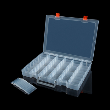 Cutie de depozitare din plastic PP cu capac, 48 compartimente; organizator compact și portabil pentru piese (36,5 × 28,7 × 4,5 cm)