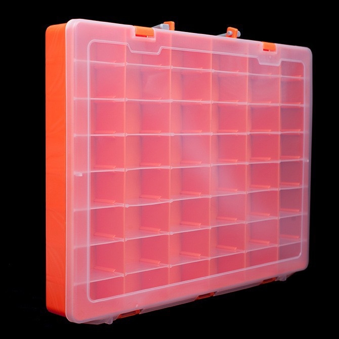 Cutie de depozitare din plastic PP cu capac, 48 compartimente; organizator compact și portabil pentru piese (36,5 × 28,7 × 4,5 cm)