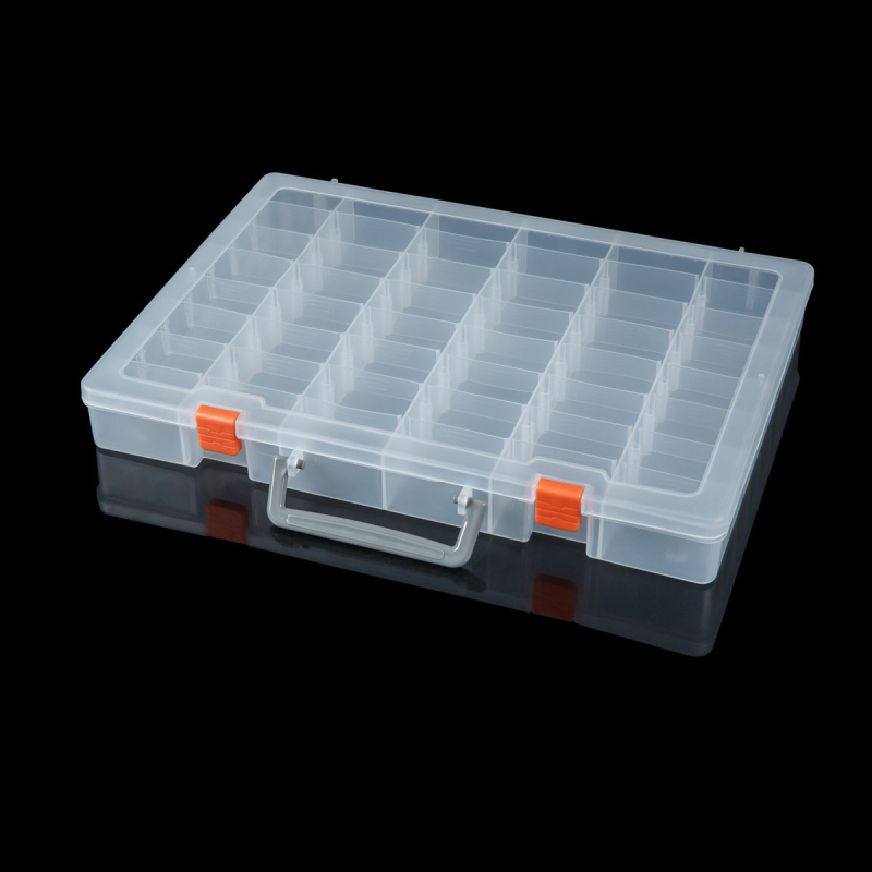 Cutie de depozitare din plastic PP cu capac, 48 compartimente; organizator compact și portabil pentru piese (36,5 × 28,7 × 4,5 cm)