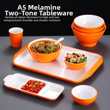 Melamínová misa napodobňujúca porcelán pre školskú jedáleň a rýchle občerstvenie, misy na ryžu a ramen, dvojfarebný oranžovo-biely podnos, vlastné riady