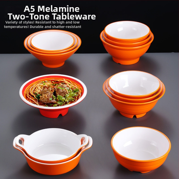 Melamínová misa napodobňujúca porcelán pre školskú jedáleň a rýchle občerstvenie, misy na ryžu a ramen, dvojfarebný oranžovo-biely podnos, vlastné riady