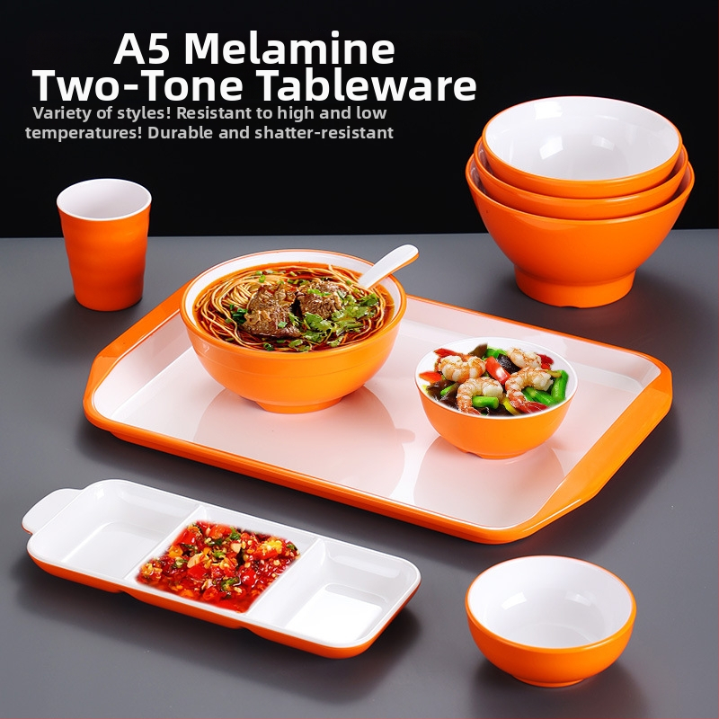 Melamínová misa napodobňujúca porcelán pre školskú jedáleň a rýchle občerstvenie, misy na ryžu a ramen, dvojfarebný oranžovo-biely podnos, vlastné riady