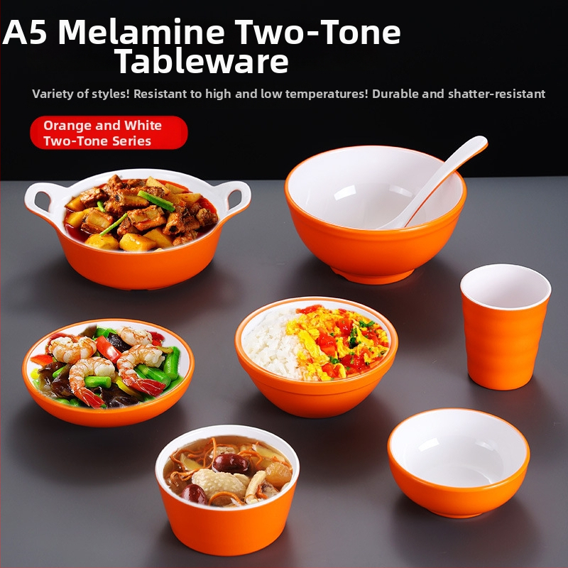 Melamínová misa napodobňujúca porcelán pre školskú jedáleň a rýchle občerstvenie, misy na ryžu a ramen, dvojfarebný oranžovo-biely podnos, vlastné riady