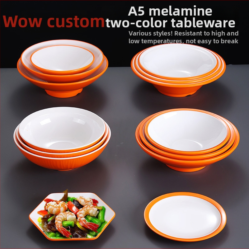 Melamínová misa napodobňujúca porcelán pre školskú jedáleň a rýchle občerstvenie, misy na ryžu a ramen, dvojfarebný oranžovo-biely podnos, vlastné riady