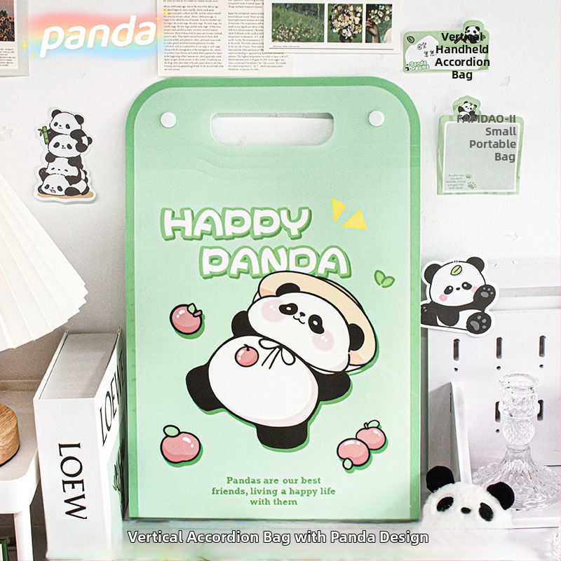 Zelená Panda akordeónová taška na dokumenty, roztomilý dizajn, prenosný organizér, vodeodolný, formát A4, viacvrstvový priečinok