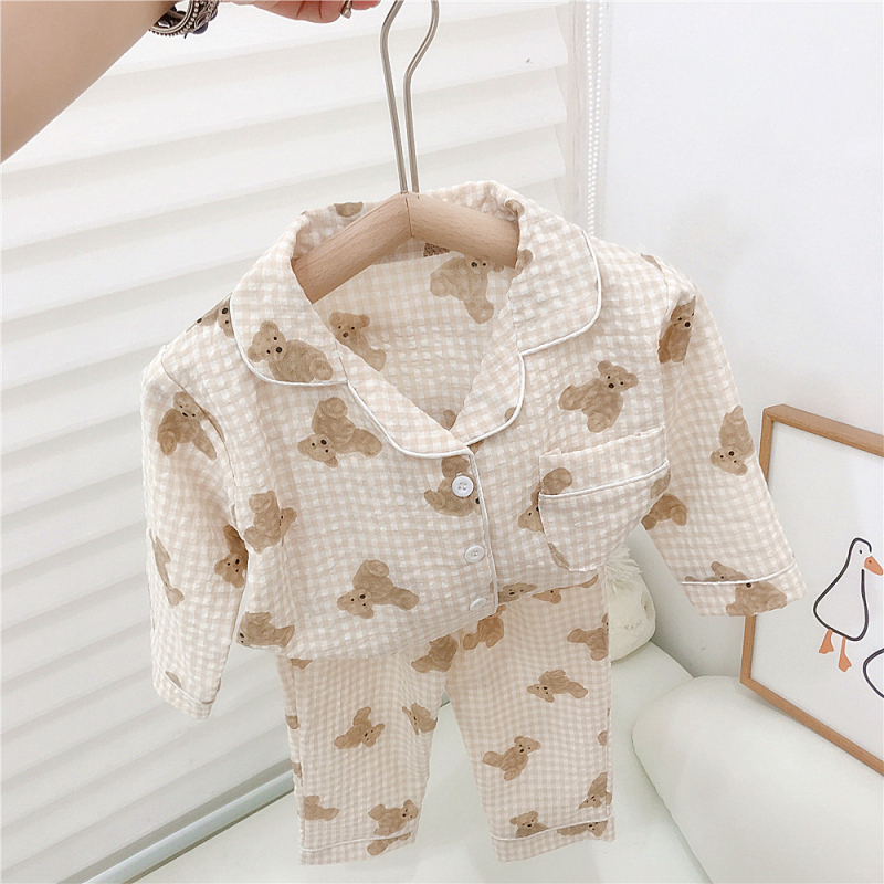 Gyerekeknek szóló kockás pamut két darabos pizsama szett medve mintával, ősz