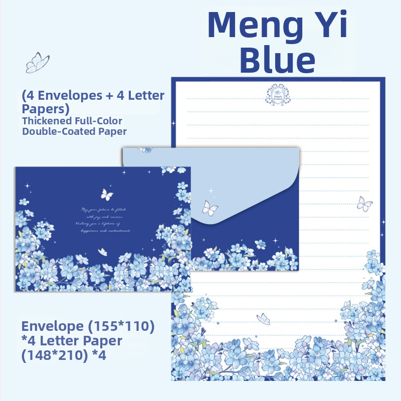 Dream Yi Blue sada papierových listov na písanie s obálkami – 4 obálky a 4 listy