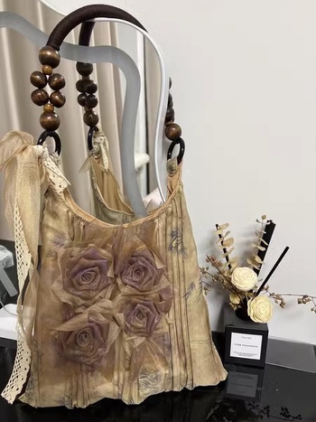 Platnena tote torba s retro kineskim stilom s printom ružnih cvjetova, plisirana, velika kapaciteta, svila podstava, magnetsko zatvaranje, za svakodnevnu upotrebu.