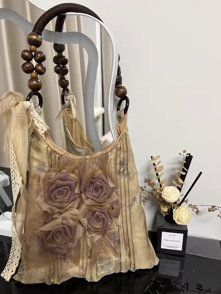 Platnena tote torba s retro kineskim stilom s printom ružnih cvjetova, plisirana, velika kapaciteta, svila podstava, magnetsko zatvaranje, za svakodnevnu upotrebu.