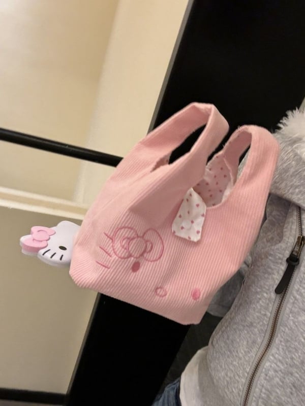 Slatka KT Cat prijenosna platnena torba, Corduroy tote za izlaske i kutija za ručak