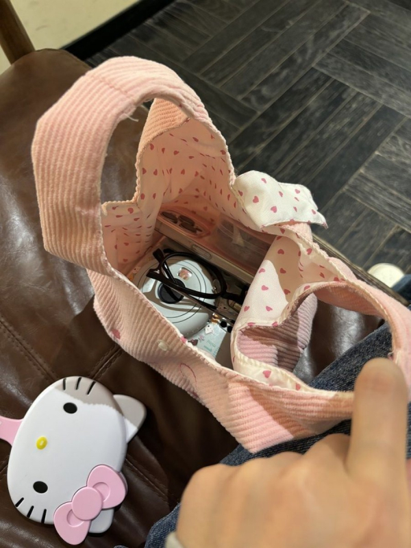 Slatka KT Cat prijenosna platnena torba, Corduroy tote za izlaske i kutija za ručak