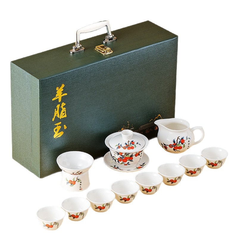 Biely nefritový porcelánový čajový set Kung Fu – poháre s víčkom, darčekové balenie, možnosť prispôsobenia