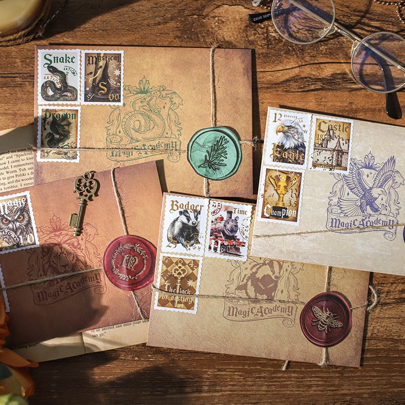 Mu Ran Sada listového papiera a obálok — Škola mágie, vintage kraft papier, luxusný dojem, voskové pečate