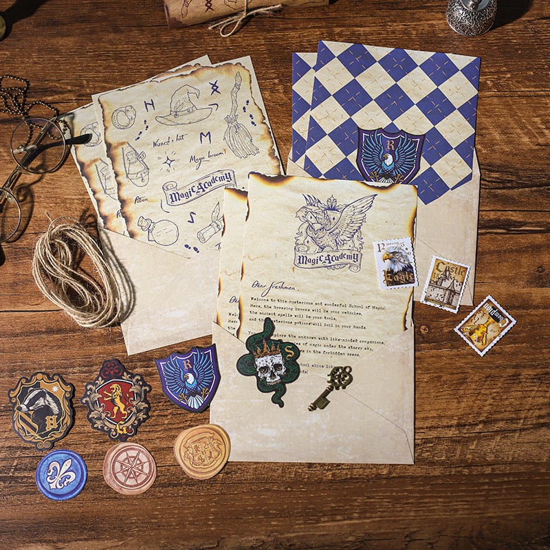 Mu Ran Sada listového papiera a obálok — Škola mágie, vintage kraft papier, luxusný dojem, voskové pečate