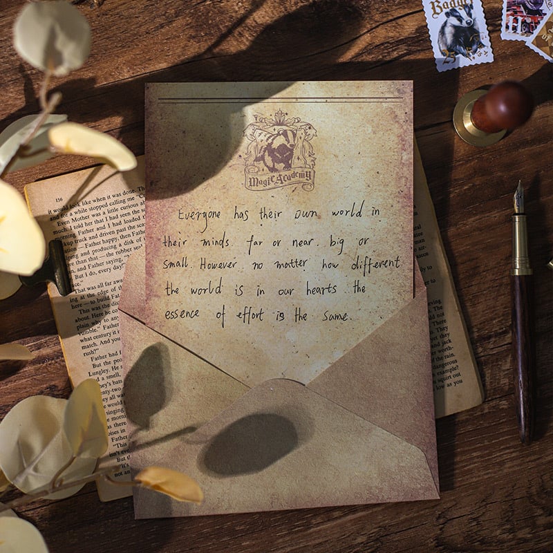 Mu Ran Sada listového papiera a obálok — Škola mágie, vintage kraft papier, luxusný dojem, voskové pečate