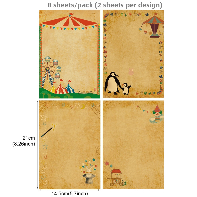 Sada hlavičkových papierov a obálok z rady Circus — kraftový papier, retro kreslený štýl