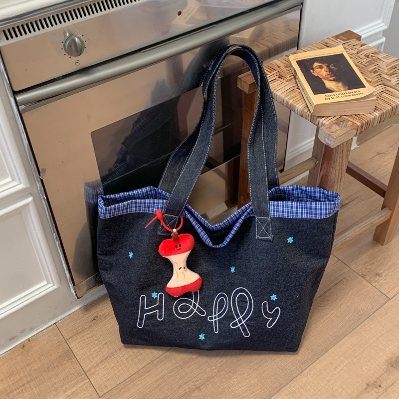 Denim torba za rame s printom, tote stil, velik kapacitet, retro za svakodnevnu uporabu