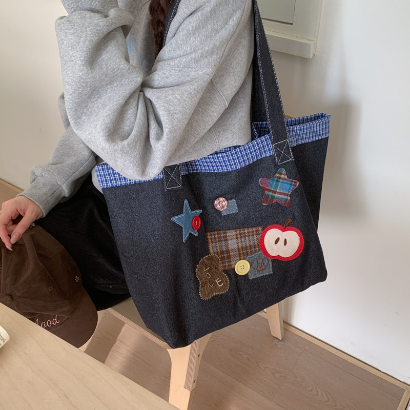 Denim torba za rame s printom, tote stil, velik kapacitet, retro za svakodnevnu uporabu