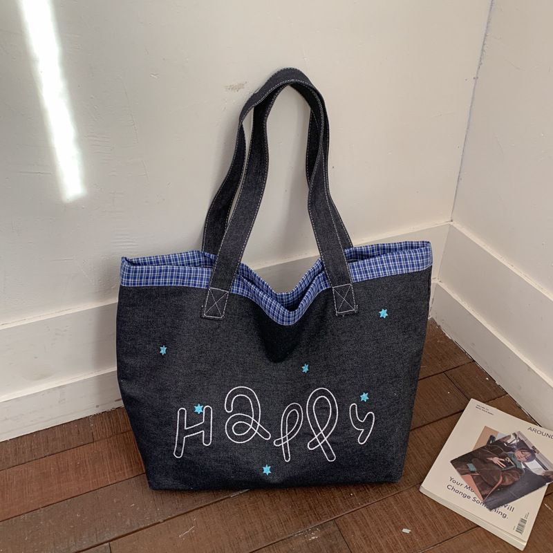 Denim torba za rame s printom, tote stil, velik kapacitet, retro za svakodnevnu uporabu
