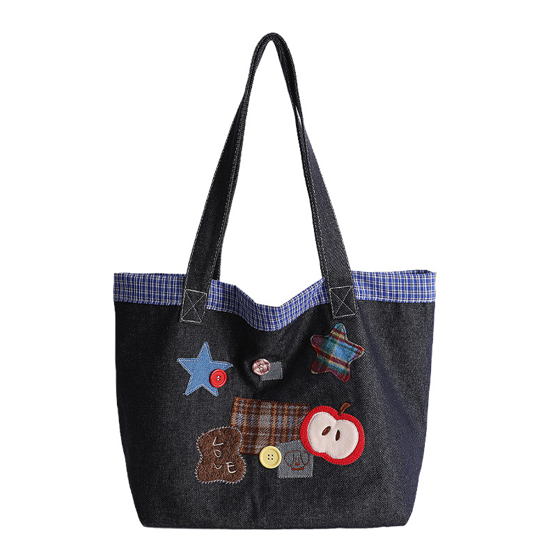 Denim torba za rame s printom, tote stil, velik kapacitet, retro za svakodnevnu uporabu