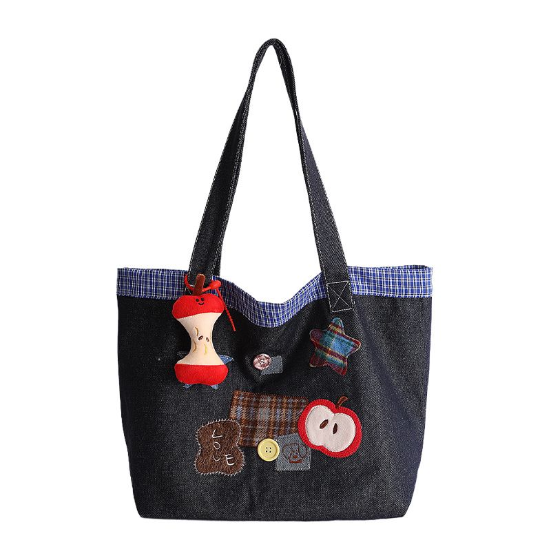 Denim torba za rame s printom, tote stil, velik kapacitet, retro za svakodnevnu uporabu