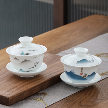 Sada šálok na čaj z bielej porcelány Dehua so zakrývkou, tri diely, keramická šálka na čaj s viečkom