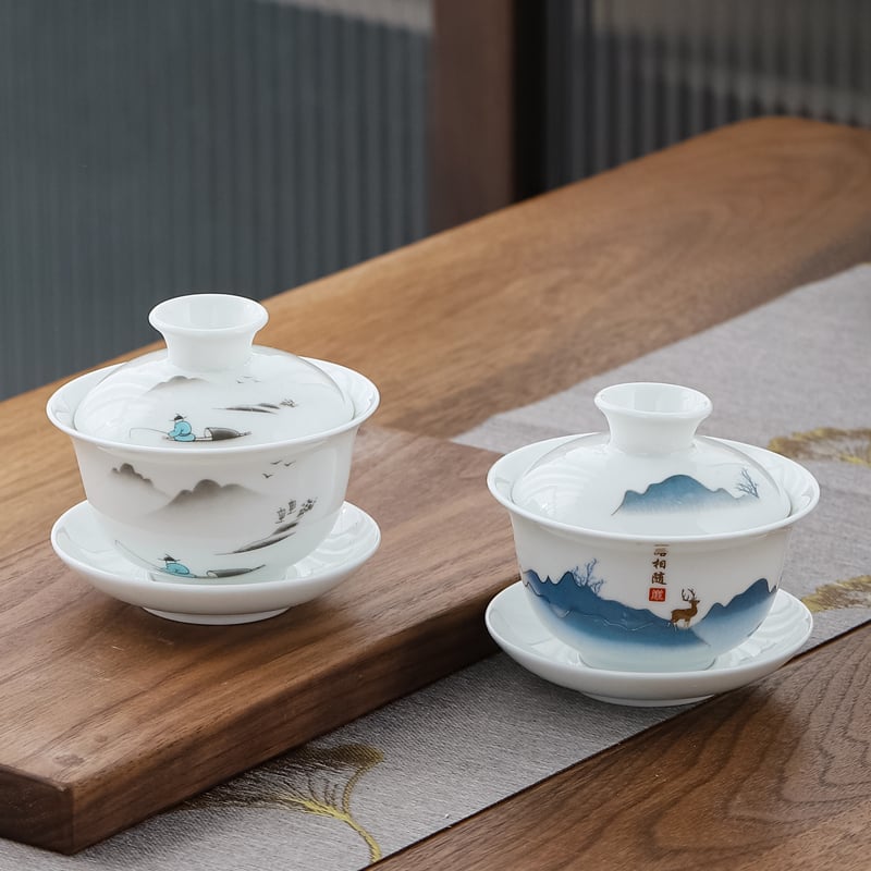 Sada šálok na čaj z bielej porcelány Dehua so zakrývkou, tri diely, keramická šálka na čaj s viečkom