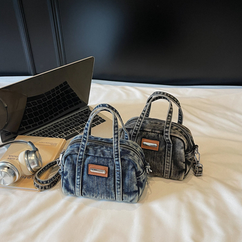 Geantă din denim crossbody cu design de pernă, formă pătrată mică, stil coreean