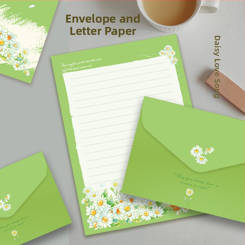 Set písacieho papieru s obálkami Daisy Love Song – ručne písané romantické listy, 4 obálky a 4 listy papiera