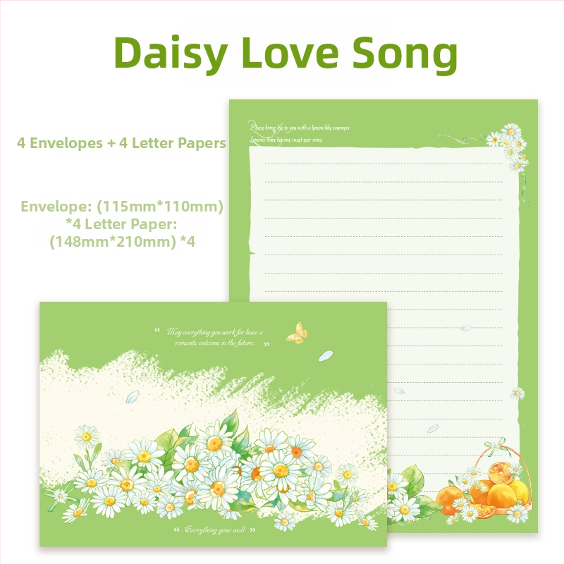 Set písacieho papieru s obálkami Daisy Love Song – ručne písané romantické listy, 4 obálky a 4 listy papiera