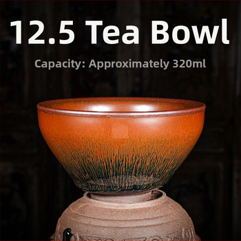 Kompletný set nástrojov pre ceremóniu s čajom matcha, 12,5 cm, zajačí chlp, čierno-zlatá glazúra, štýl dynastie Song, veľká veľkosť