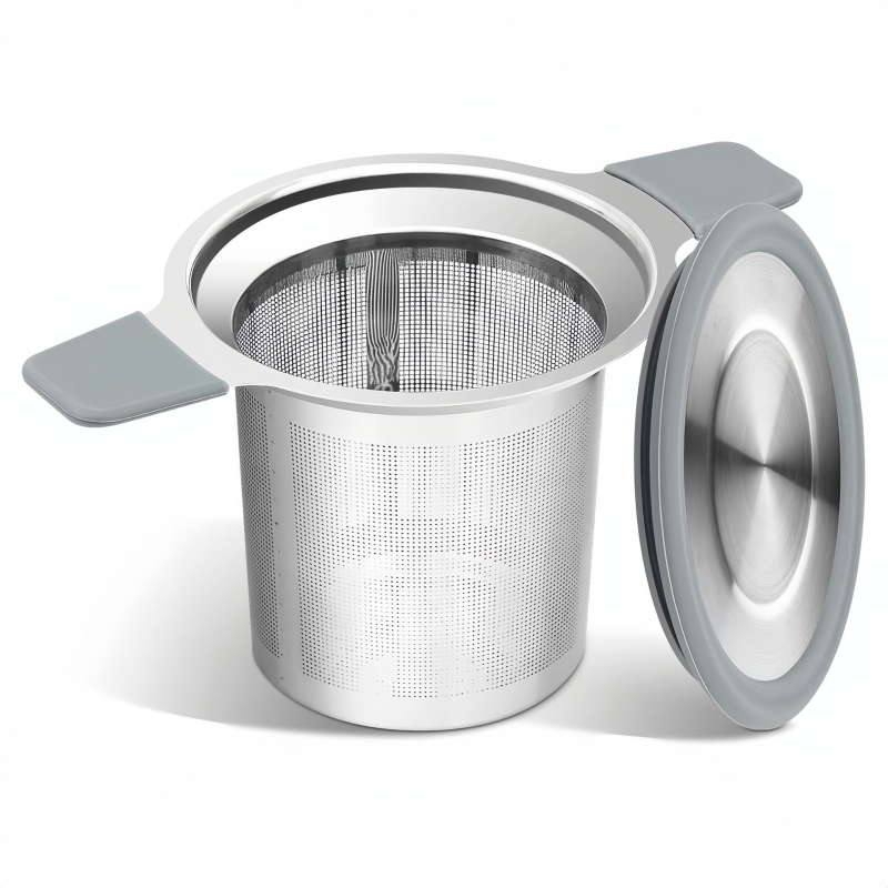 Filter na čaj z 304 nehrdzavejúcej ocele s dvojitou rukoväťou a silikónovým krytom, filter na listy čaju, doplnky do čaju, dizajn s dvoma ušami, minimalistický štýl