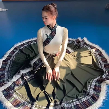 Тибетски танцов сценичен костюм за жени, за възрастни — за изпити по изкуствата и тренировки; пола с голям обем и тибетска роба