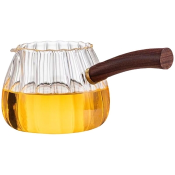 Ceainic din sticlă borosilicată cu mâner lateral, set de ceai din sticlă groasă, mâner din lemn și separator de ceai