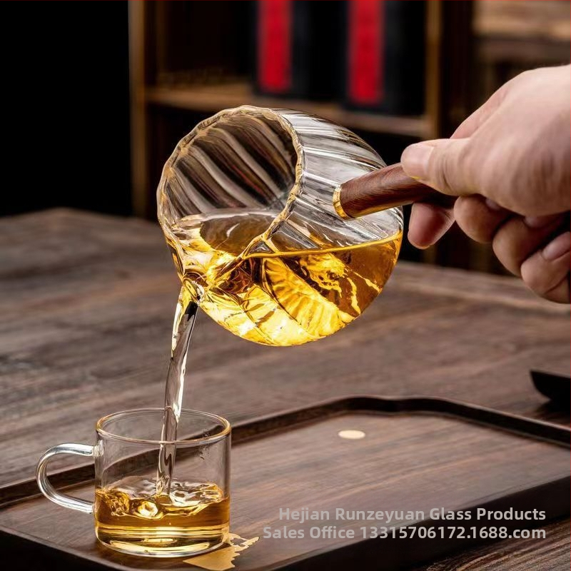 Ceainic din sticlă borosilicată cu mâner lateral, set de ceai din sticlă groasă, mâner din lemn și separator de ceai