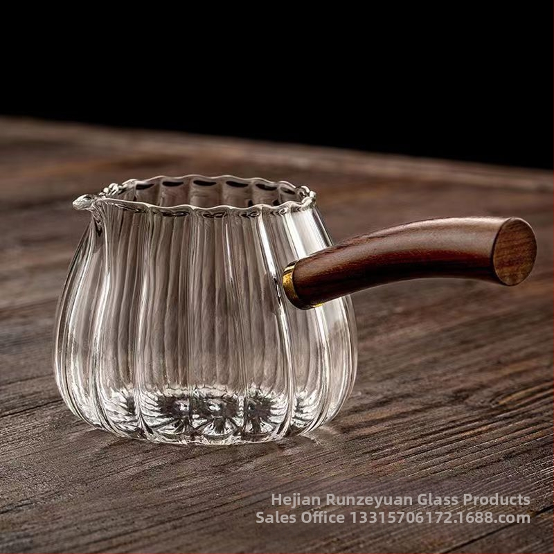 Ceainic din sticlă borosilicată cu mâner lateral, set de ceai din sticlă groasă, mâner din lemn și separator de ceai