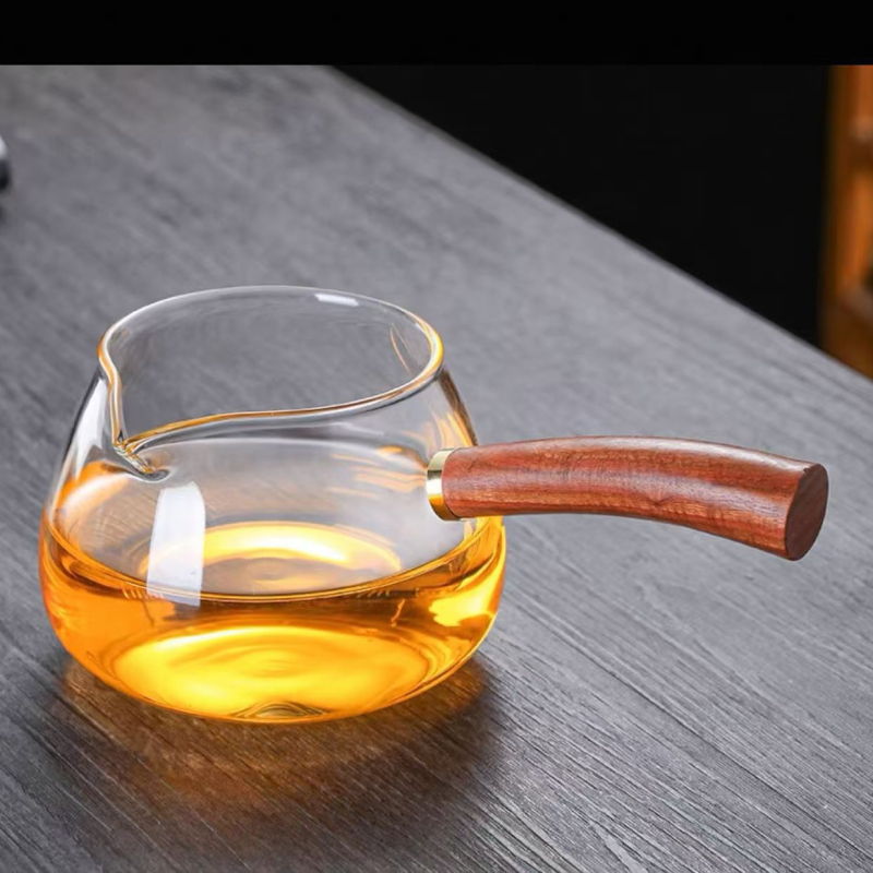 Ceainic din sticlă borosilicată cu mâner lateral, set de ceai din sticlă groasă, mâner din lemn și separator de ceai